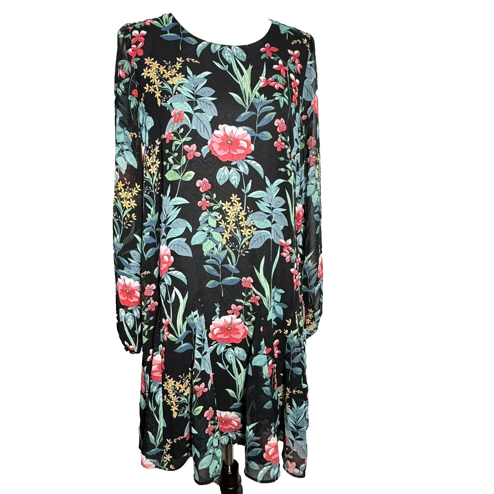 TOMMY HILFIGER Women's 10 Black Red Floral Sheer Balloon Sleeve Lined Midi Dress